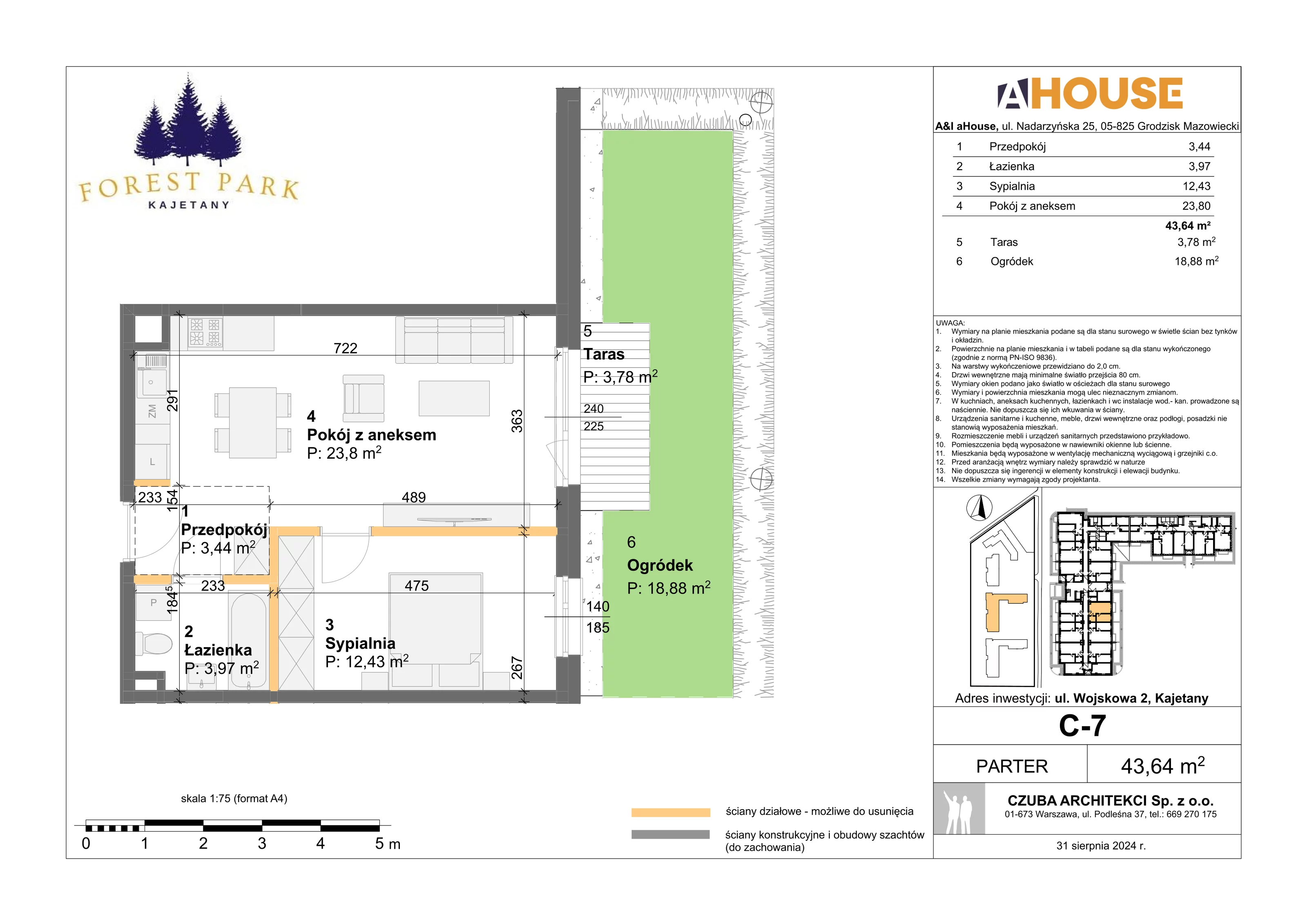 2 pokoje, mieszkanie 43,64 m², parter, oferta nr C-7, Forest Park Kajetany, Kajetany, ul. Wojskowa 2